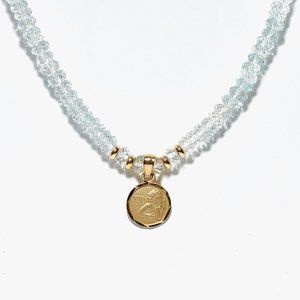 14k Gold Guardian Angel Medal & Aquamarine Beaded Knotted Necklace